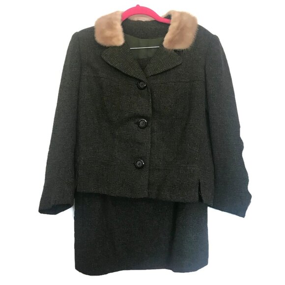 1960s vintage fur collar green tweed suit size medium large - Picture 2 of 9